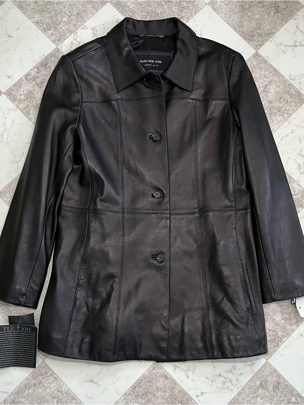 Andrew Marc New York Black Leather Button-Front Car Coat